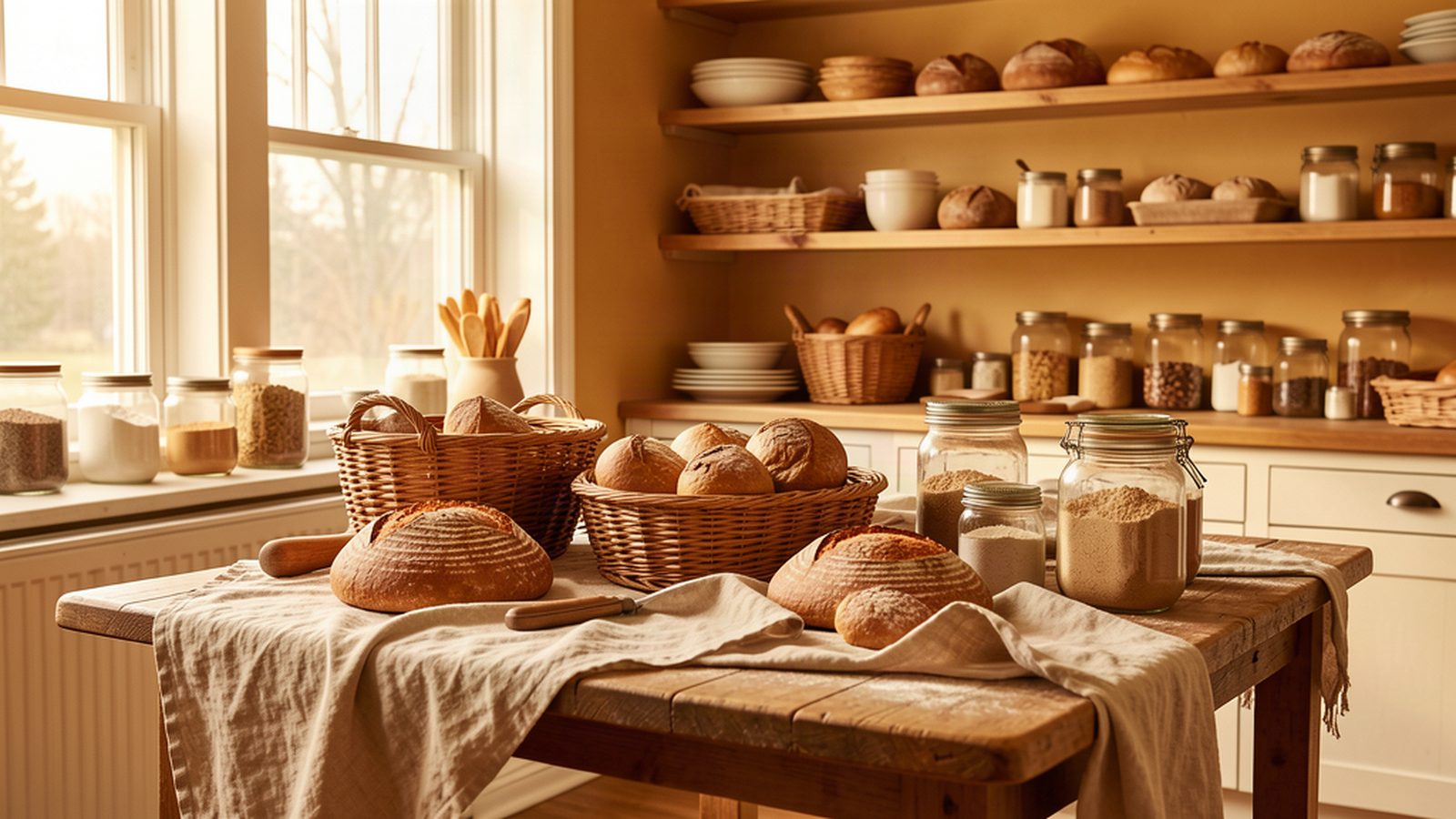 The Heavenly Hosts kitchen — sourdough loaves in woven baskets