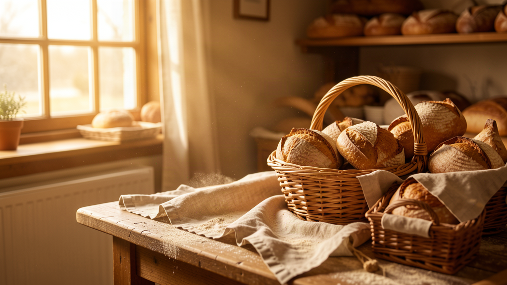 Sourdough loaves in woven baskets in a warm bakery